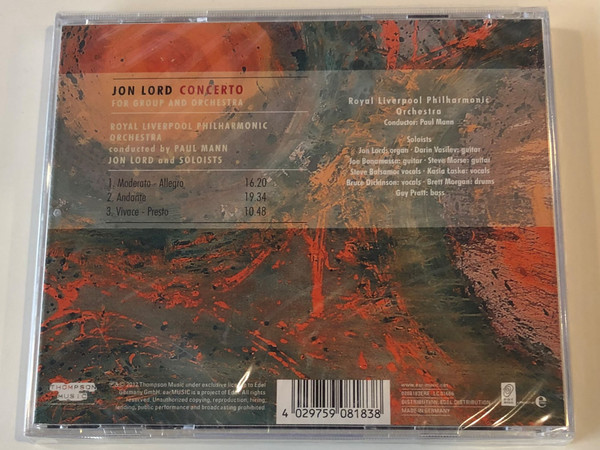 Jon Lord – Concerto For Group And Orchestra / Jon Lord, Bruce Dickinson, Joe Bonamassa, Steve Balsamo, Darin Vasilev, Brett Morgan / Royal Liverpool Philharmonic Orchestra, Conducted by Paul Mann / Ear Music ‎Audio CD 2012 / 0208183ERE