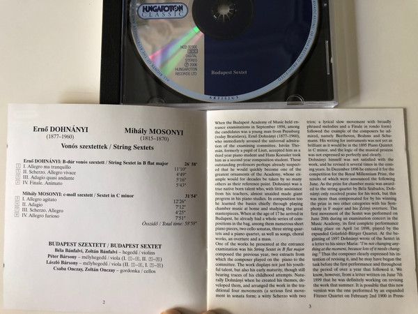 Erno Dohnanyi, Mihaly Mosonyi - 2 String Sextets / Budapest Sextet / Hungaroton Classic Audio CD 2006 Stereo / HCD 32300