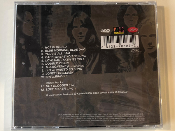 Foreigner ‎– Double Vision / Featuring the Smash Hits: Hot Blooded, Double Vision, Blue Morning,Blue Day,... / Atlantic Audio CD 2002 / 08122-78187-22