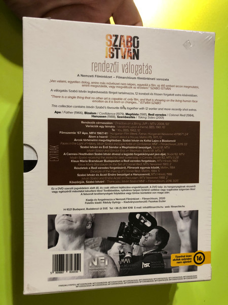 Szabó István rendezői válogatás - 7 DVD Collector's Box 2020 / 1. Father 2. Bizalom 3. Mephisto 4. Colone Redl 5. Hanussen 6. Taking Sides 7. Bonus features / 1. Apa 2. Bizalom 3. Mephisto 4. Redl ezredes 5. Hanussen 6. Szembesítés 7. Extrák 
Made in Hungary
UPC 5999887816550