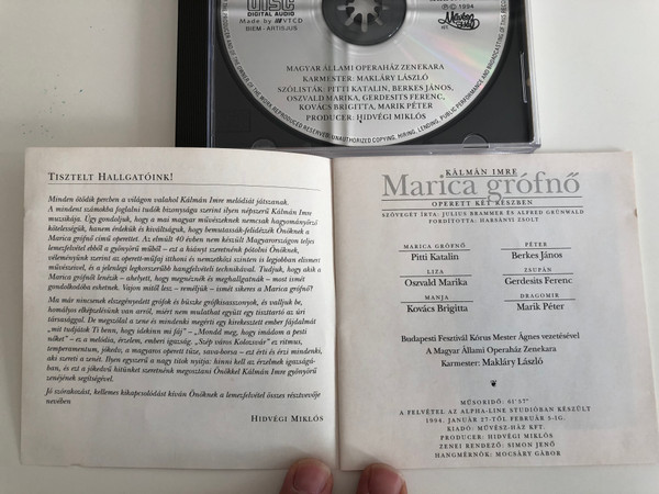 Kalman Imre - Marica grofno / Operett Ket Reszben / Szoveget Irta: Julius Brammer Es Alfred Grunwald / Muvesz-Haz Kft. Audio CD 1994 / MHK 1979-01-22 