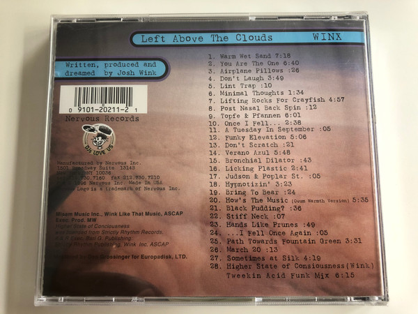 Left Above The Clouds - Winx / Produced by Josh Wink / Includes The Global Hits ''Don't Laugh'', ''Hypnotizin'' and ''Higher State Of Consciousness'' / Nervous Records ‎Audio CD 1996 / NRV 20211-2