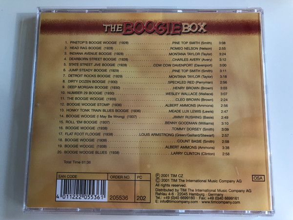 The Boogie Box Vol. 1 / Weesley Wallace, Montana Taylor, Cow Cow Davenport, Spreckled Red, Albert Ammons, Pine Top Smith, Henry Brown, Pine Top Smith, Larry Clinton, Romeo Nelson, Louis Armstrong,... / Tim Cz ‎Audio CD 2001 / 205536-202