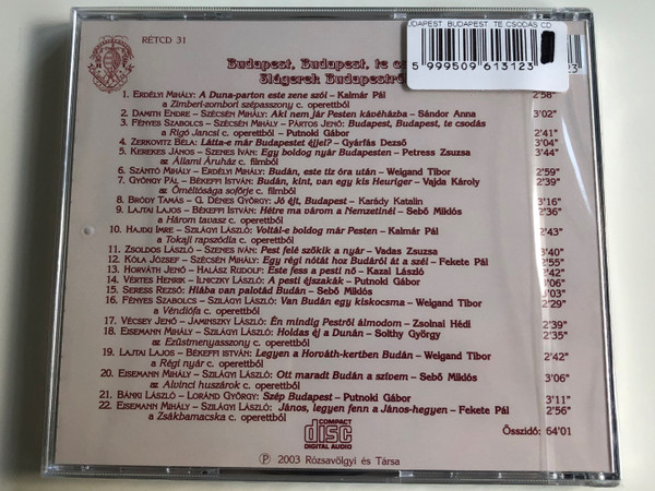 Budapest, Budapest, te csodás - Slágerek Budapestről / Rózsavölgyi És Társa ‎Audio CD 2003 / RÉTCD 31 / 22 unforgettable  operetta and movie hits form Hungary, performed by Hungarian legendary artists