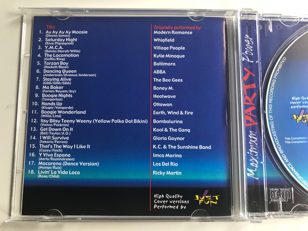 Maximum Party Power / High quality cover versions performed by: Just 4 Fun / Includes: Macarena, Y.M.C.A., Livin' La Vida Loca, Ma Baker, Tarzan Boy, Get Down On It, Hands Up / Maximum Collection ‎Audio CD 1999 / 5007-2