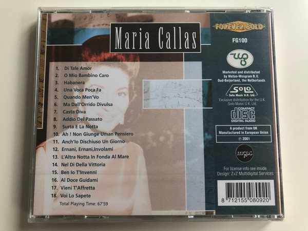Maria Callas / Di Tale Amor, Habanera, Una Voca Poca Fa, Addio Del Passato / Forever Gold ‎Audio CD 2001 / FG100