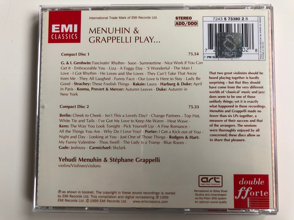 Menuhin & Grappelli Play... / Gershwin, Berlin, Kern, Porter, Rodgers & Hart and others / Yehudi Menuhin, Stéphane Grappelli / Double ƒƒorte / EMI Classics ‎2x Audio CD 1999 Stereo / 724357338028