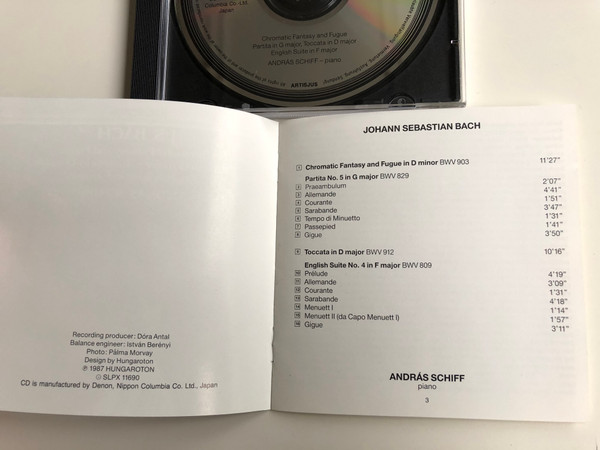 J. S. Bach - Chromatic Fantasy and Fugue, Partita in G major, Toccata in D major, English Suite in F major / András Schiff - piano / Hungaroton Audio CD 1987 Stereo / HCD 11690-2
