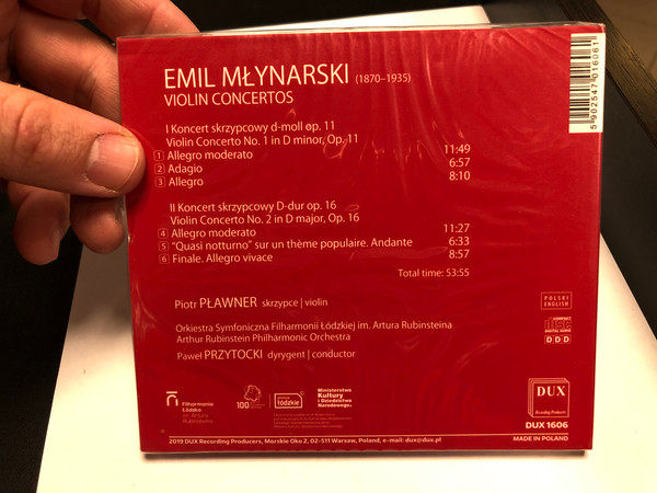 Emil Młynarski ‎– Piotr Pławner, Artur Rubinstein Philharmonic Orchestra, Paweł Przytocki ‎– Violin Concertos No. 1 in D minor, Op. 11, No. 2 in D major, Op. 16 / DUX ‎Audio CD 2019 / DUX 1606
