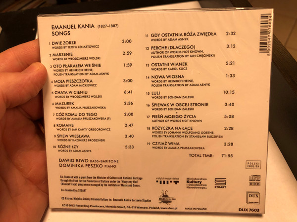 Emanuel Kania - Songs / Dawid Biwo (bass-baritone) & Dominika Peszko (piano) / DUX Audio CD 2019 / DUX7603