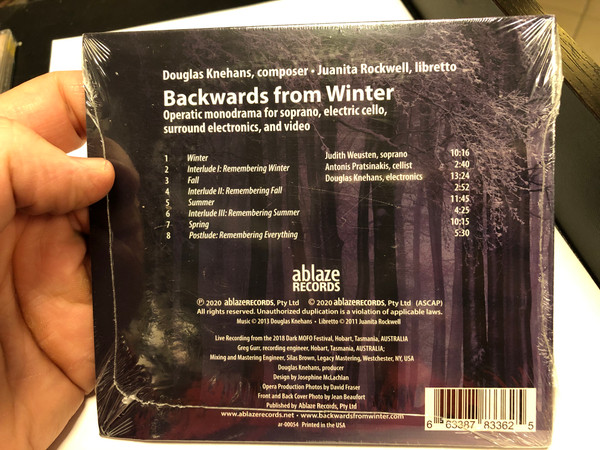 Live Recording - Dark MOFO Festival / Douglas Knehans - Backwards from Winter / Judith Weusten - soprano, Antonis Pratsinakis - electric cello, Douglas Knehans - electronics / AblazeRecords Audio CD 2020 / ar-00054