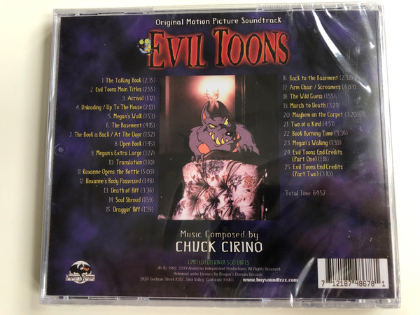 Original Motion Picture Soundtrack / Evil Toons / Music Composed by Chuck Cirino / Dragon's Domain Records ‎Audio CD 2019 / DDR678