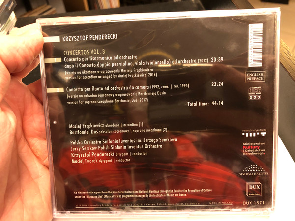 Penderecki - Concerto Per Fisarmonica Ed Orchestra dopo il Concerto doppio per violin, viola (violoncello) ed orchestra; Concerto per flauto (sassofono) ed orchestra da Camera / Maciej Frackiewicz - accordion / DUX Recording Audio CD 2019 / DUX 1571