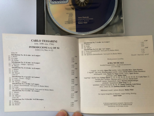 Carlo Tessarini - Introducioni a 4, Op. XI (Libri 2-4) / Aura Musicale on period instruments / Artistic director: Balazs Mate / Hungaroton Classic Audio CD 2006 Stereo / HCD 32303