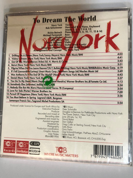 To Dream The World - Nora York ‎/ TCB Records Audio CD 1994 / TCB 94602