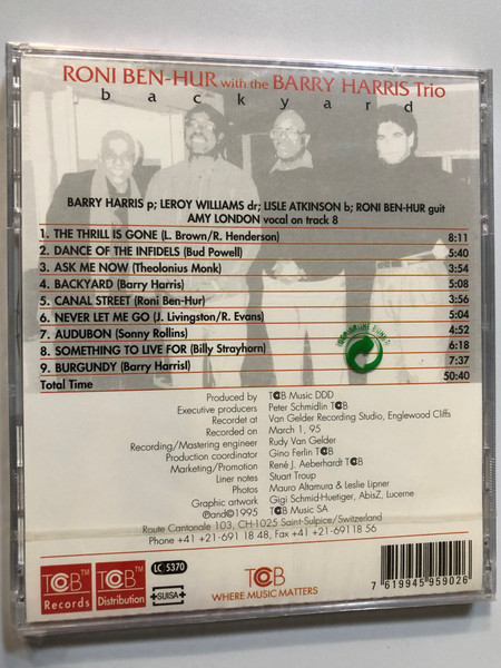 Roni Ben-Hur With The Barry Harris Trio ‎– Backyard / TCB Records Audio CD 1995 / 95902
