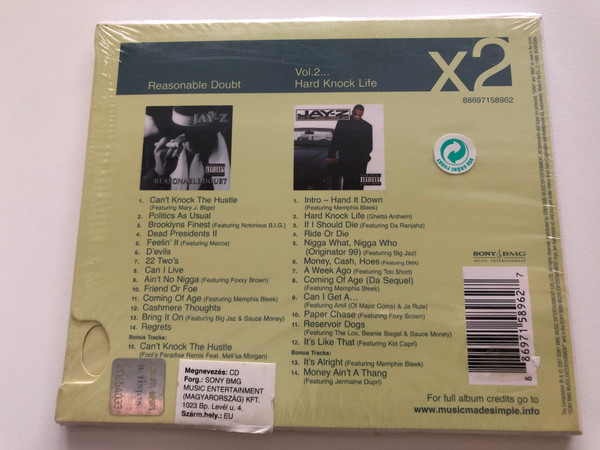 Jay-Z – Reasonable Doubt, Vol.2... Hard Knock Life / Sony BMG Music Entertainment 2x Audio CD 2007 / 88697158962