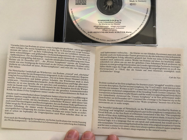 Johannes Brahms - Symphonie D-dur Op. 73 / fur Klavier zu vier Handen (Lichtenthaler Fassung) / Karl-Heinz Und Michael Schluter / Preciosa Aulos Audio CD / PRE 66018 AUL