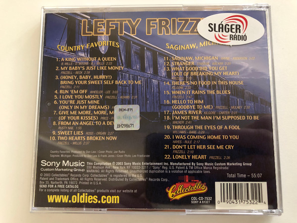 Lefty Frizzell – Country Favorites; Saginaw, Michigan / 22 Classic Tracks / Original 2 LPs On 1 CD / Collectables Audio CD 2003 / COL-CD-7532