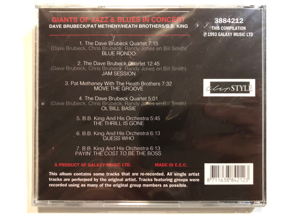 The Starlight Collection / Giants Of Jazz & Blues In Concert / Dave Brubeck, Pat Metheny, B.B. King / The Dave Brubeck Quartet: Blue Rondo, Jam Session / Pat Metheny With The Heath Brothers: Move The Groove / Galaxy Music Ltd. Audio CD 1993 / 3884212