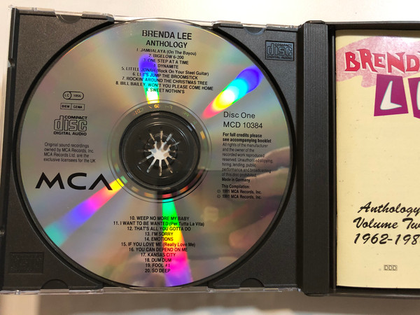 Brenda Lee – Anthology 1956-1980 / The Definitive Brenda Lee Collection 40 Songs on Two Compact Discs. Contains all of her Top 20 Pop Hits. / Contains 1 Hour 45 Minutes of music / MCA Records 2x Audio CD 1991 / MCD 10384