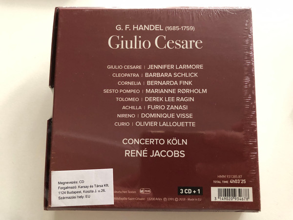 G. F. Handel - Giulio Cesare / Jennifer Larmore, Barbara Schlick, Bernarda Fink, Marianne Rorholm, Derek Lee Ragin / Concerto Koln: Rene Jacobs / Harmonia Mundi 4x Audio CD 2018 / HMM 931385.87