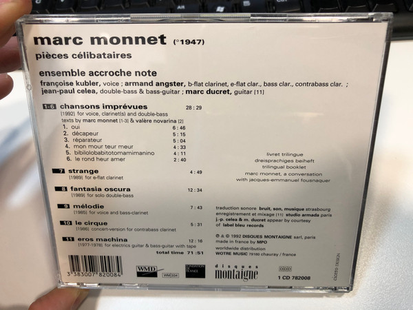 Marc Monnet – Pièces Célibataires - Ensemble accroche note / Accroche note edition 1 / Disques Montaigne Audio CD 1992 / 782008