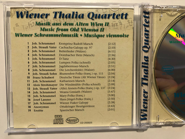 Wiener Thalia Quartett - Musik aus dem Alten Wien II - Music from Old Vienna II / Wiener Schrammelmusik - Musique viennoise / Schrammel Records Audio CD / CD 200025