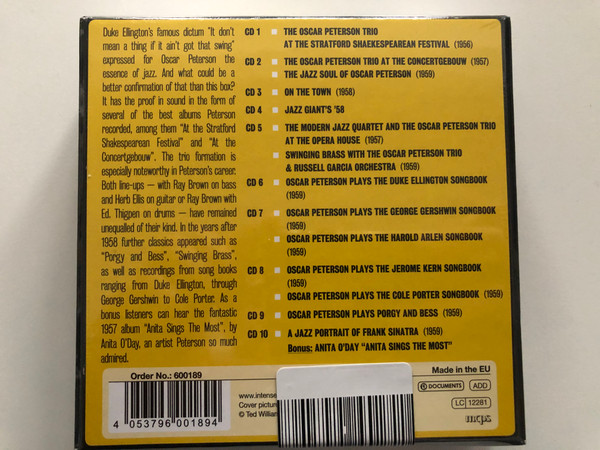 Oscar Peterson – Songbooks + / Feat. Anita O'Day, Stan Getz, Harry Edison, Gerry Mulligan, Louis Bellson, and more / 14 Original Albums On 10 CDs & Bonus Tracks / The Intense Media 10x Audio CD / 600189