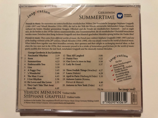 Gershwin – Summertime / Yehudi Menuhin & Stéphane Grappelli / Insp!ration / Warner Classics Audio CD 2019 Stereo / 0190295453619