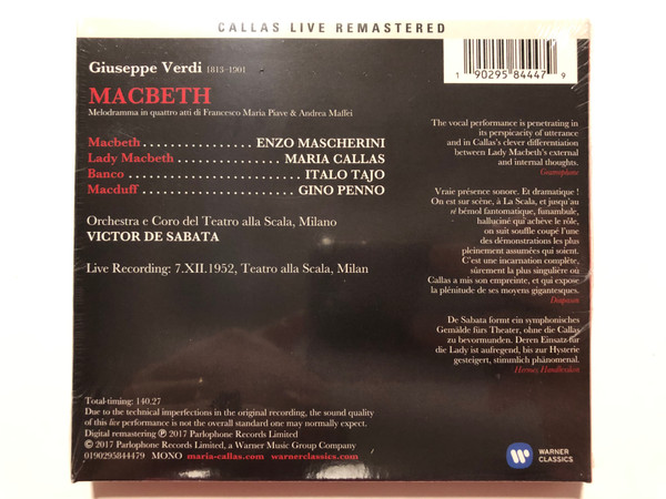 Verdi – Macbeth / Maria Callas, Victor De Sabata, Mascherini, Tajo, Penno / Teatro Alla Scala, Milano / Callas Live Remastered, Milano, 7 December 1952 / Warner Classics 2x Audio CD 2017 Mono / 0190295844479