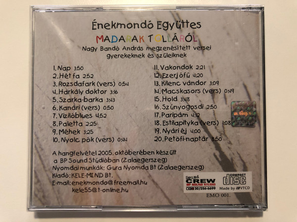 Enekmondo Egyuttes Nagy Bando Andras - Madarak Tollarol / dalolt versek gyereknek es szuleiknek / Enek Mondo Audio CD / EMO 001.