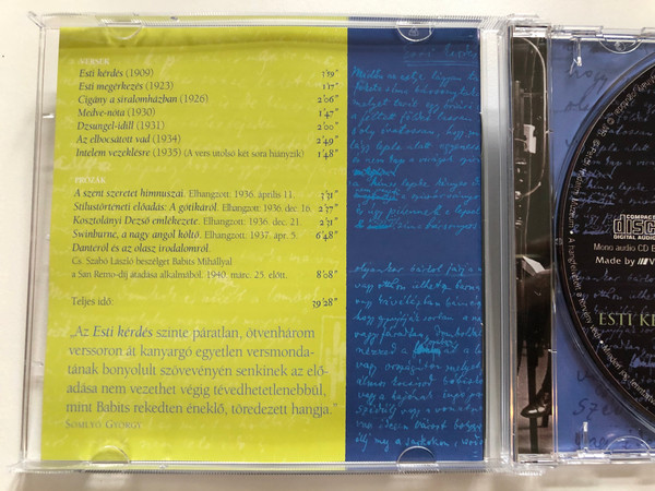 Esti Kerdes - Babits Mihály - Olvassa Fel Muveit / Petofi Irodalmi Muzeum Audio CD Mono / CD BM-01