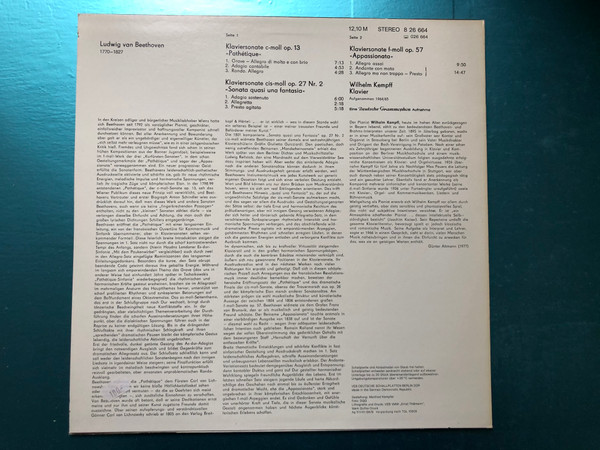 Beethoven - Klaviersonaten: Op. 13 c-moll »Pathétique«, Op. 27 Nr. 2 cis-moll »Mondschein«, Op. 57 f-moll »Appassionata« / Wilhelm Kempff / ETERNA LP Stereo / 8 26 664