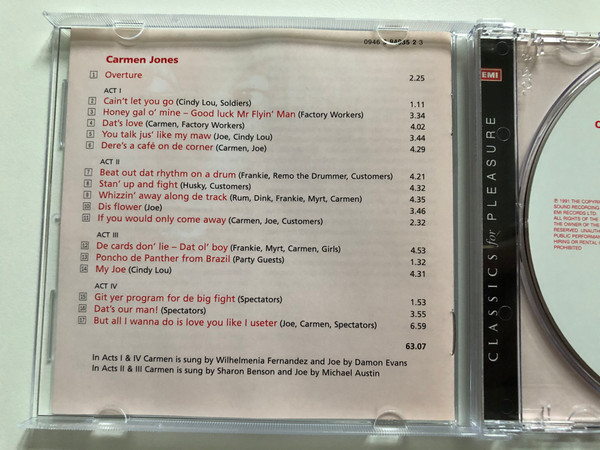 Carmen Jones - Oscar Hammerstein II's - Music by Bizet / Directed by Simon Callow, Conducted by Henry Lewis, with Karen Parks, Clive Rowe, Danny John Jules, Carolyn Sebron / EMI Records Audio CD 1991 Stereo / 094639403523