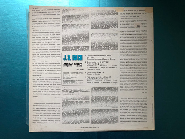 J. S. Bach - Chromatic Fantasy & Fugue, Partita In G, Toccata In D, English Suite In F / András Schiff - piano / Hungaroton LP Stereo, Mono / SLPX 11690