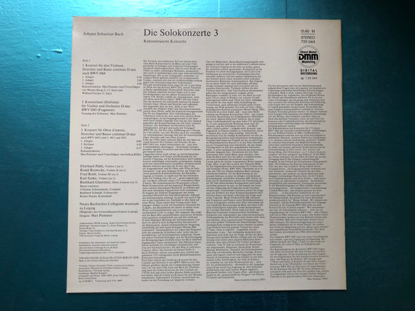 Bach - Die Solokonzerte 3 (Rekonstruierte Konzerte) / Für Violiene Und Orchestrer D-dur, Für Oboe d'amore und Orchester D-dur, Konzertsatz Für Violiene Und Orchestrer D-dur / Eberhard Palm, Roald Reinecke / ETERNA LP 1988 Stereo / 7 25 044