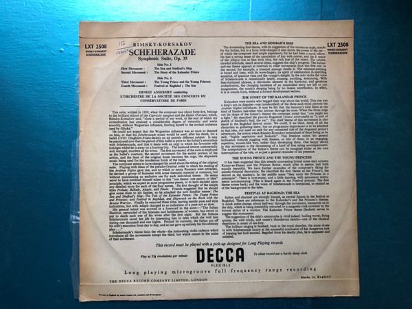 Scheherazade - Symphonic Suite, Op. 35 - Rimsky-Korsakov / Ernest Ansermet Conducting L'Orchestre De La Société Des Concerts Du Conservatoire De Paris / Long playing microgroove full frequency range recording / Decca LP / LXT 2508