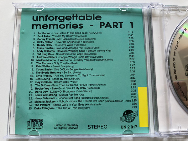 Unforgettable Memories - Part 1 / Ricky Nelson, Marilyn Monroe, Elvis Presley, Roy Orbison / Universe Audio CD Stereo / UN 2 017