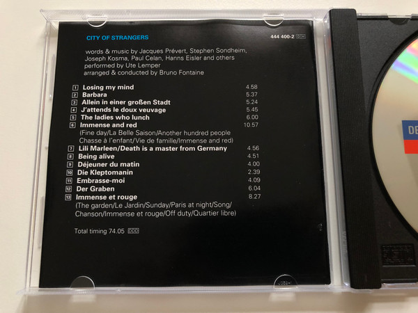 Ute Lemper – City Of Strangers / Songs by Sondheim, Prevert... / Arranged by Bruno Fontaine / Decca Audio CD 1995 Stereo / 444 400-2