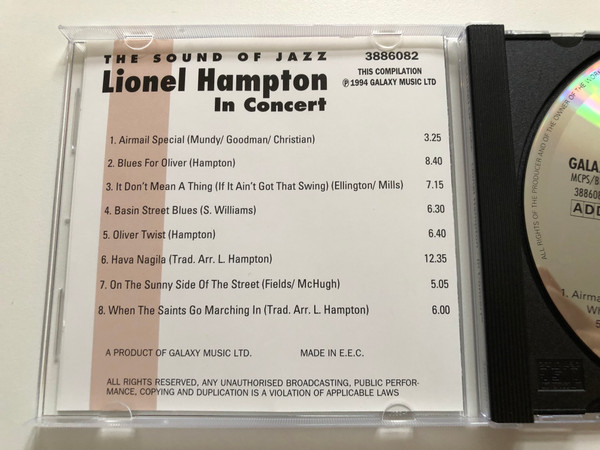 Lionel Hampton In Concert / Sound Of Jazz / Airmail Special, Blues For Oliver, It Don´t Mean A Thing (If It Ain´t Got That Swing), Basin Street Blues, Oliver Twist, Hava Nagila, Sunny Side Of The Street / Galaxy Music Ltd. Audio CD 1994 / 3886082