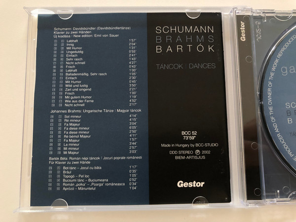 Gabriel Gorog / Schumann, Brahms, Bartok / Tanook, Dances / BCC-Studio Audio CD 2002 Stereo / BCC 52