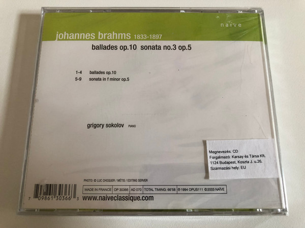 Grigory Sokolov - Brahms - Ballades Op. 10, Sonata No.3 Op. 5 / Paris 10 novembre 1992, 20 octobre 1993 / Opus 111 Audio CD 2003 / OP 30366