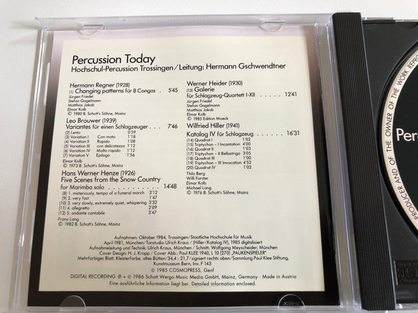 Percussion Today - Brouwer, Heider, Henze, Hiller, Regner / Hochschul-Percussion Trossingen, Leitung: Hermann Gschwendtner / WERGO Audio CD 1986 Stereo / WER 60123-50