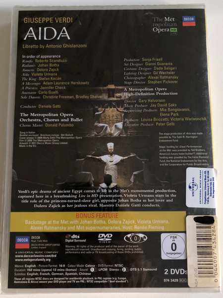 Verdi: Aida / 2 DVD / Actors: Violeta Urmana, Roberto Scandiuzzi / The Metropolitan Opera / Sung in Italian / Made in the EU (0044007434284)