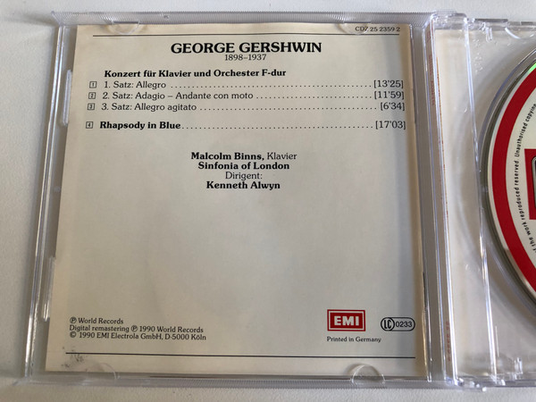 Gershwin: Klavierkonzert F-dur, Rhapsody in Blue / Malcolm Binns, Sinfonia of London, Kenneth Alwyn / EMI Electrola Audio CD 1990 Stereo / CDZ 25 2359 2