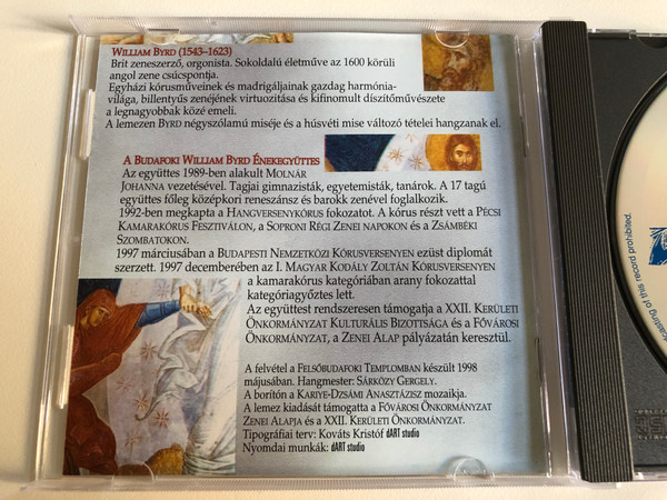 Budafoki Byrd Enekegyuttes / Cond.: Johanna Molnar / Mass For Four Voices - Proprium Missae Pascha - Byrd / Audio CD 1998