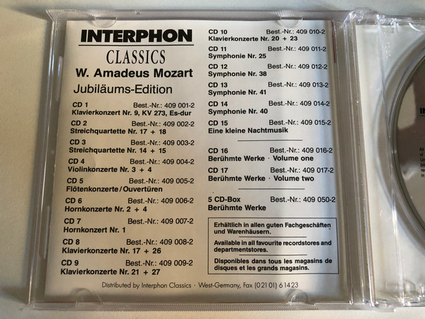 W. Amadeus Mozart - Beruhmte Werke: Famous Works, Celebres Oeuvres - Volume Two / Jubilaums-Edition / Interphon Classics Audio CD 1990 / 409 017-2