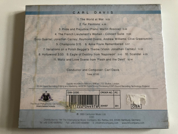 Carl Davis - The World At War, Pride And Prejudice And Other Great Themes / The Royal Philharmonic Orchestra, Conductor and Composer: Carl Davis / Violin: Jonathan Carney, Piano: Martin Roscoe / RPO Records Audio CD 1993 / 204497-201