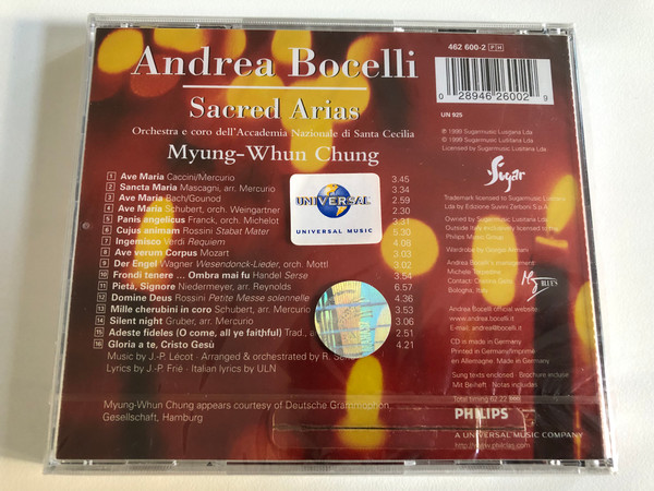Andrea Bocelli - Sacred Arias / Orchestra E Coro dell'Accademia Nazionale di Santa Cecilia, Myung-Whun Chung / Sugar Music Audio CD 1999 / 462 600-2 PH (028946260029)